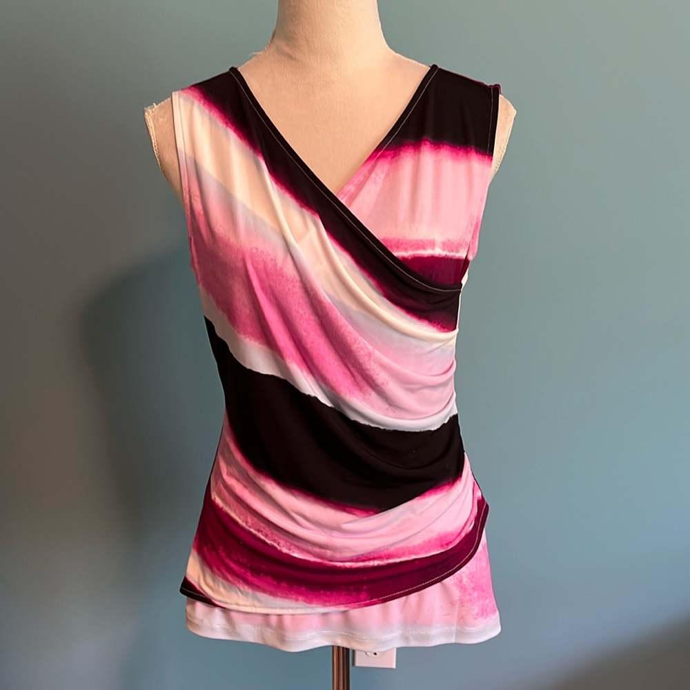 DKNY V-Neck wrap look with ruching top Small. Black/pink/burgundy Sleeveless